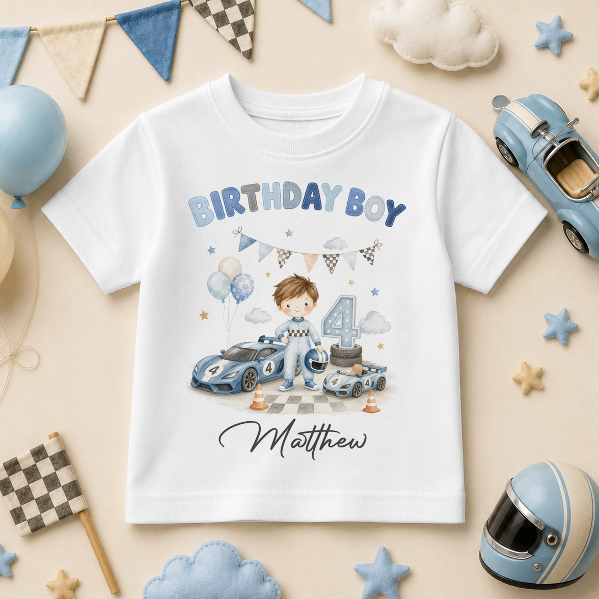 Personalised 4th Birthday Boy Racing Car Kids T-Shirt, Watercolour Blue Cars with Name