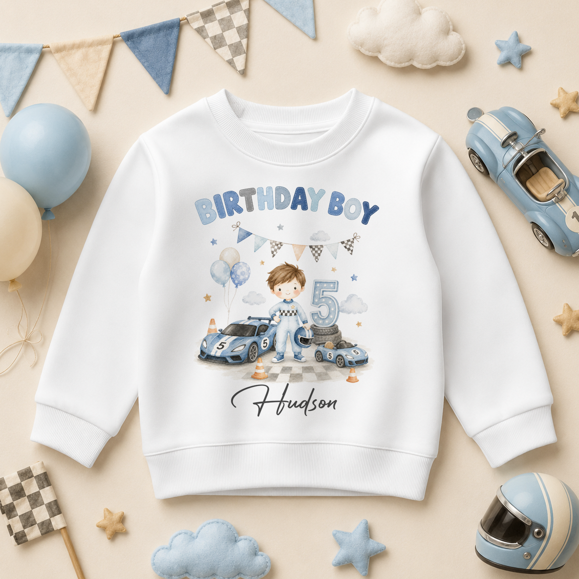 Personalised 5th Birthday Boy Racing Car Kids Sweatshirt, Watercolour Blue Cars with Name