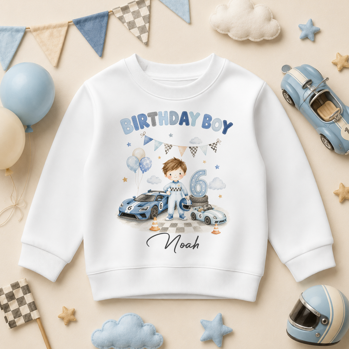 Personalised 6th Birthday Boy Racing Car Kids Sweatshirt, Watercolour Blue Cars with Name