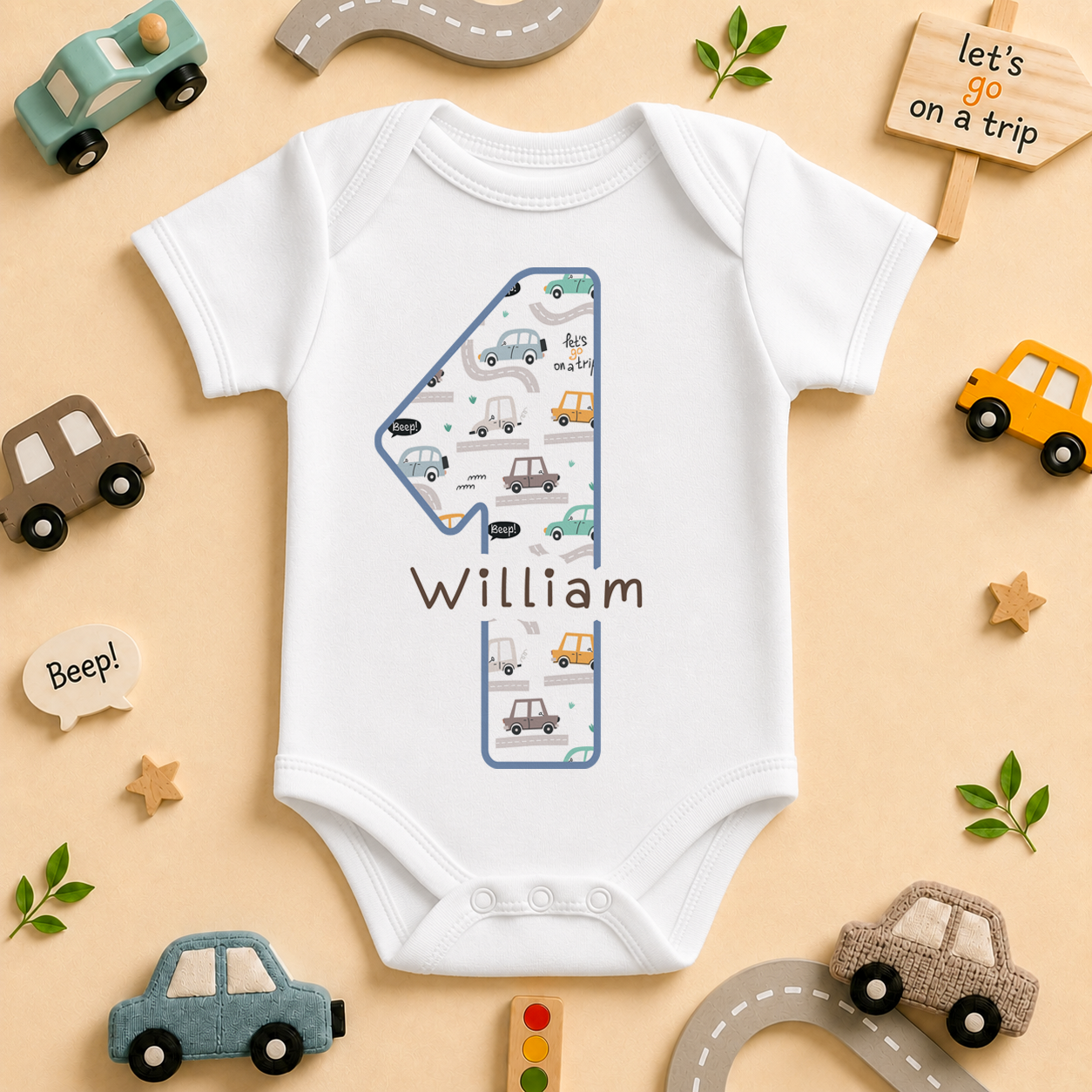 Personalised Baby 1st Birthday Pastel Car Filled Number One Baby Vest Bodysuit for Kids
