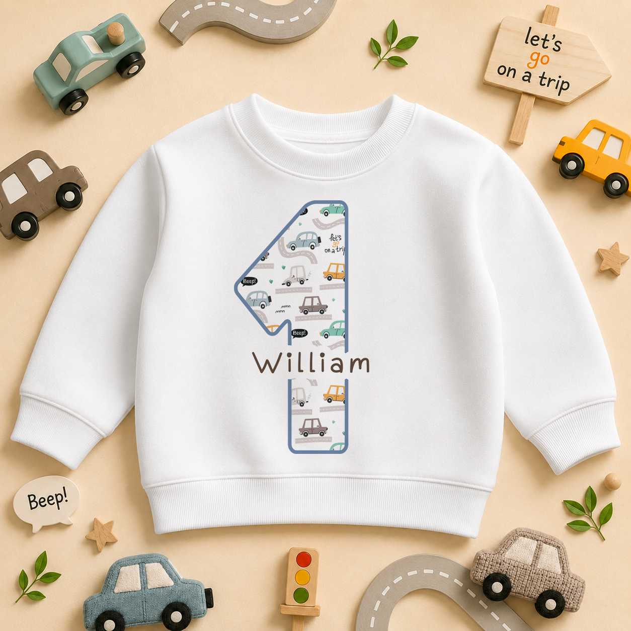 Personalised Name Kids Sweatshirt 1st Birthday Cars Pattern Vehicles Digger Lorry for Toddler Gift