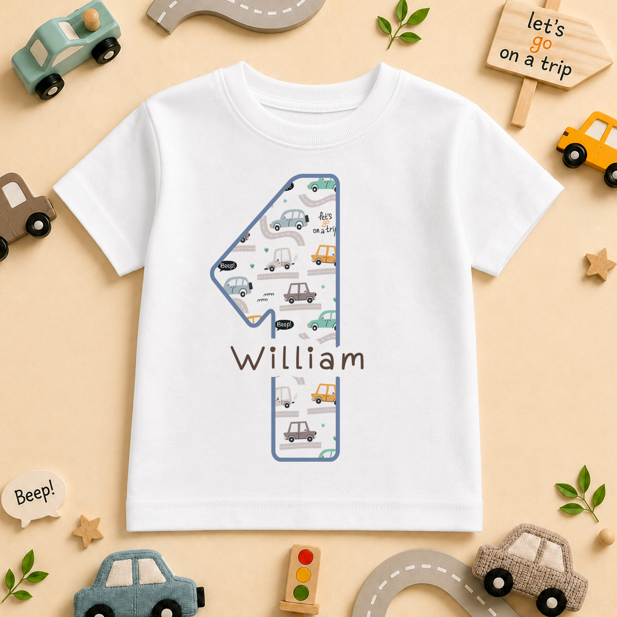 Personalised Name Kids T-Shirt 1st Birthday Cars Pattern Vehicles Digger Lorry for Toddler Gift