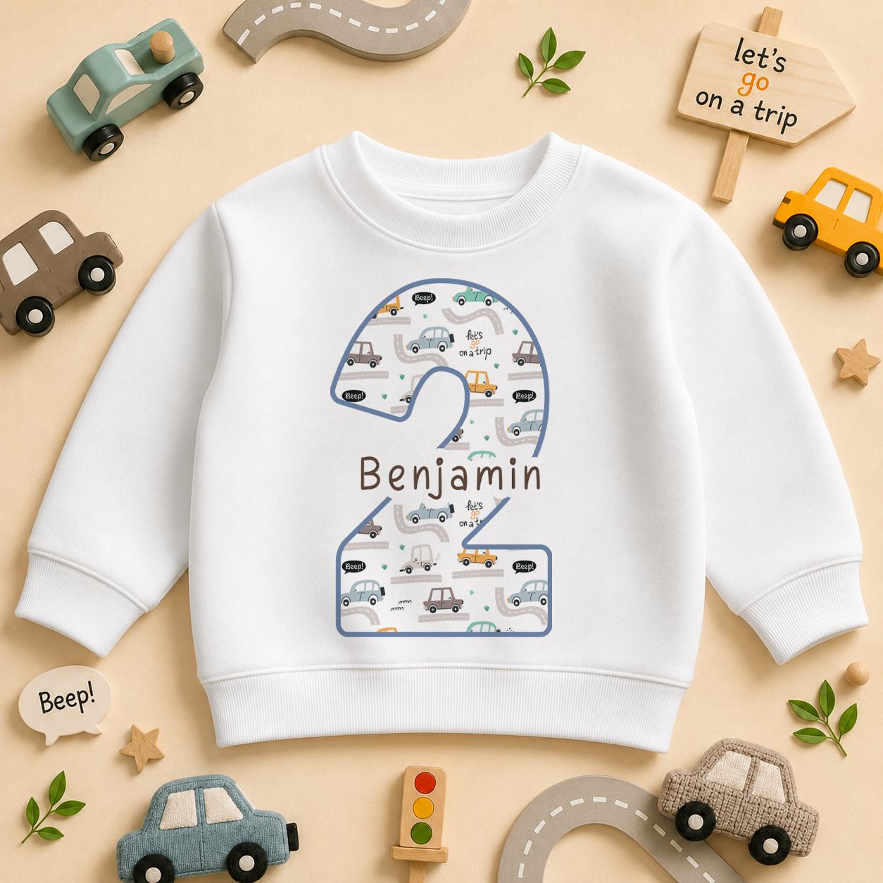 Personalised Name Kids Jumper 2nd Birthday Cars Road Scene Number 2 Script for Toddler Gift