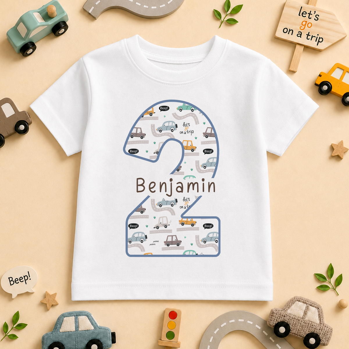 Personalised Name Kids T-Shirt 2nd Birthday Cars Road Scene Vehicles Beep Speech Bubbles for Toddler Gift