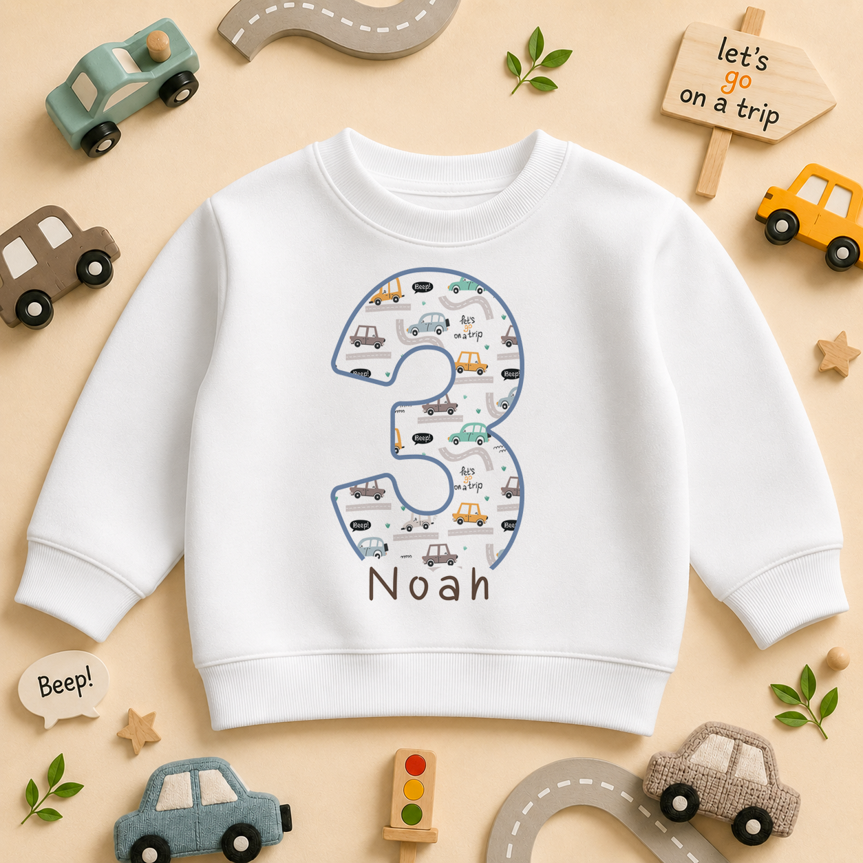 Personalised Name Kids Jumper 3rd Birthday Number 3 Racing Cars Speech Bubbles Lettering for Toddler Gift