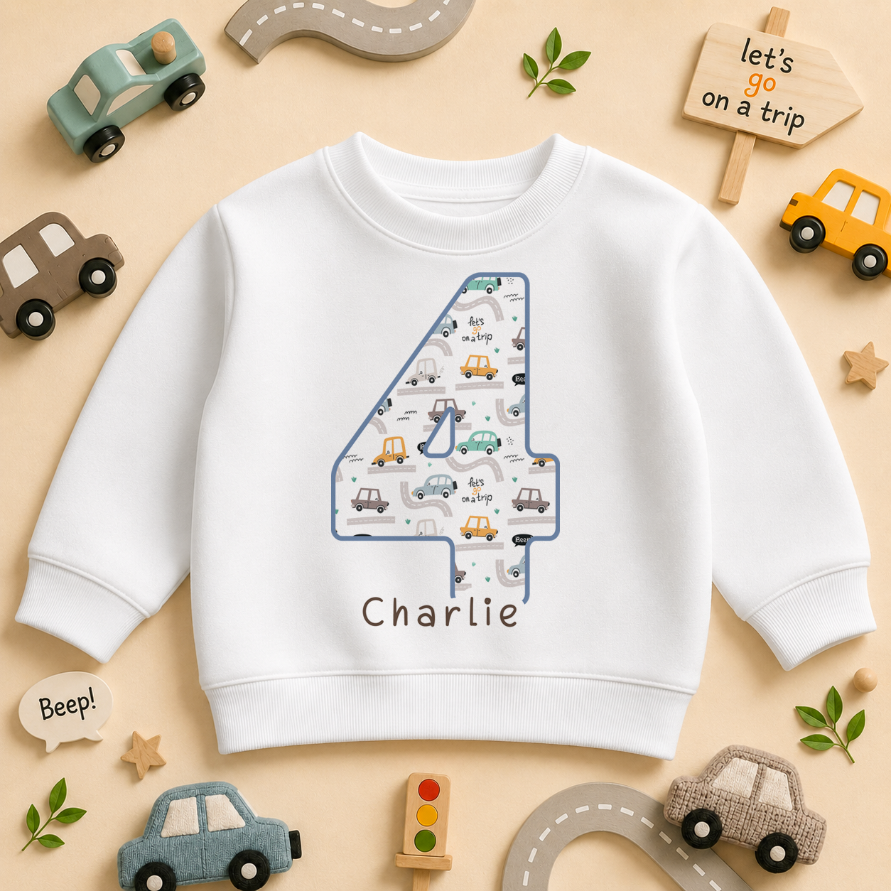 Personalised Name Kids Jumper 4th Birthday Road Trip Cars Vehicles Retro Pattern Script Gift Idea