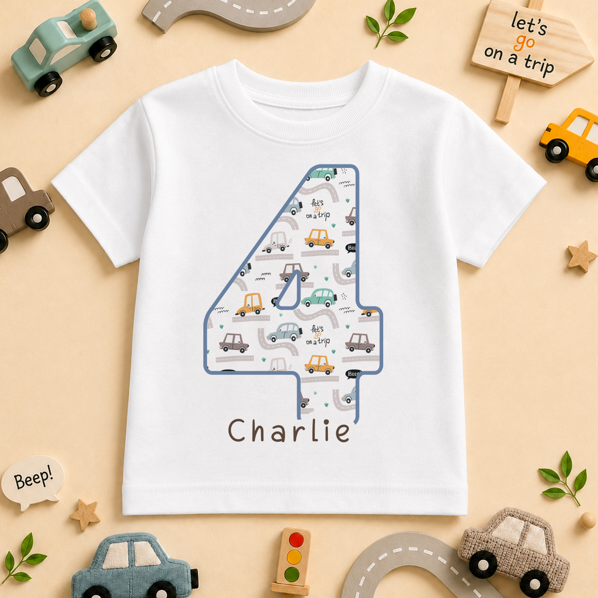 Personalised Name Kids T-Shirt 4th Birthday Number Four Road Trip Cars Dots Script Gift Idea