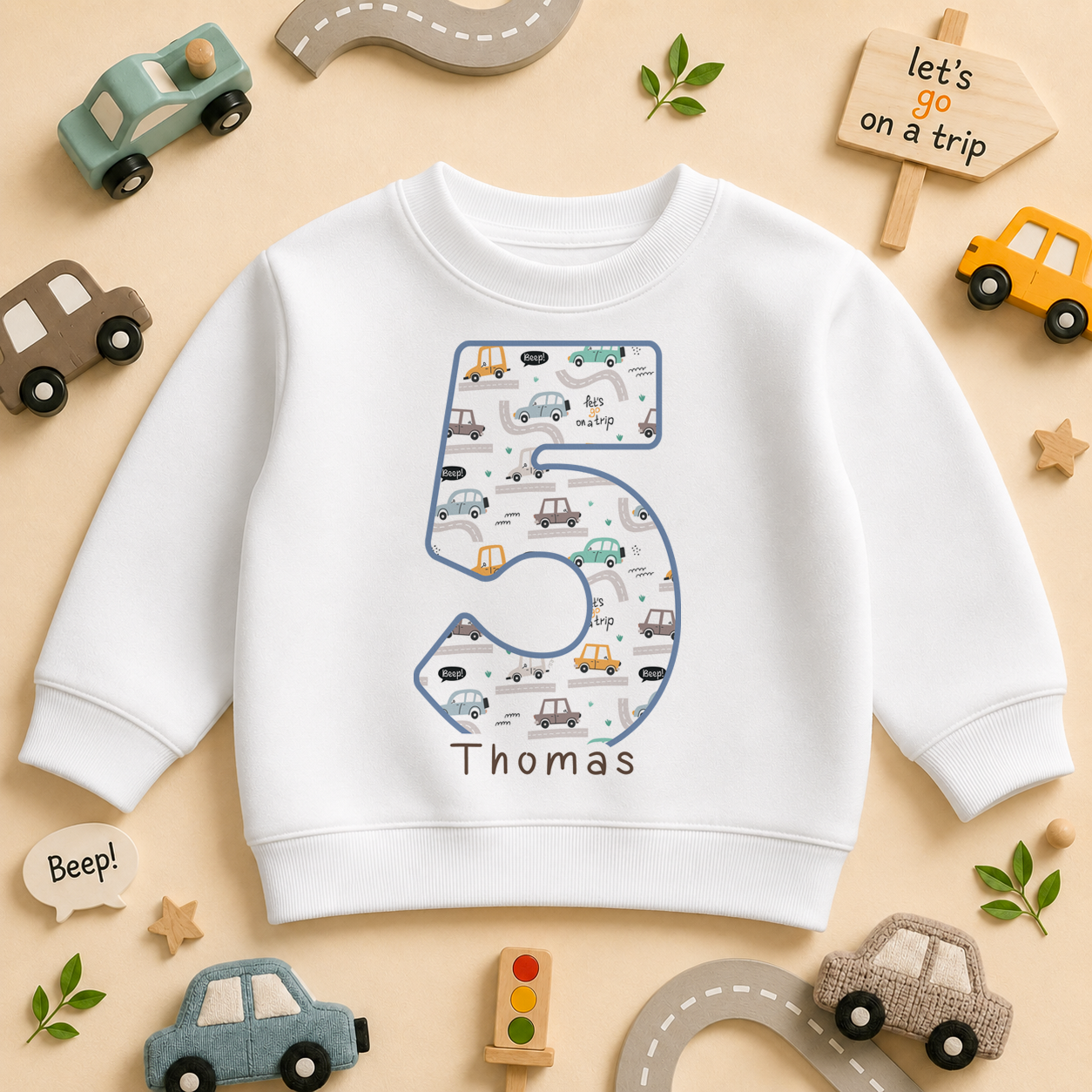 Personalised Name Boys Jumper 5th Birthday Racing Cars Road Trip Pattern for Kids Gift