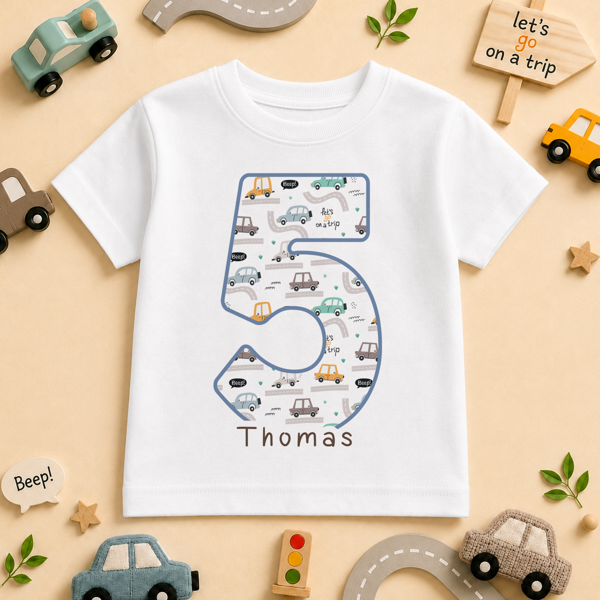 Personalised Name Boys T-Shirt 5th Birthday Racing Cars Road Trip Pattern for Kids Gift