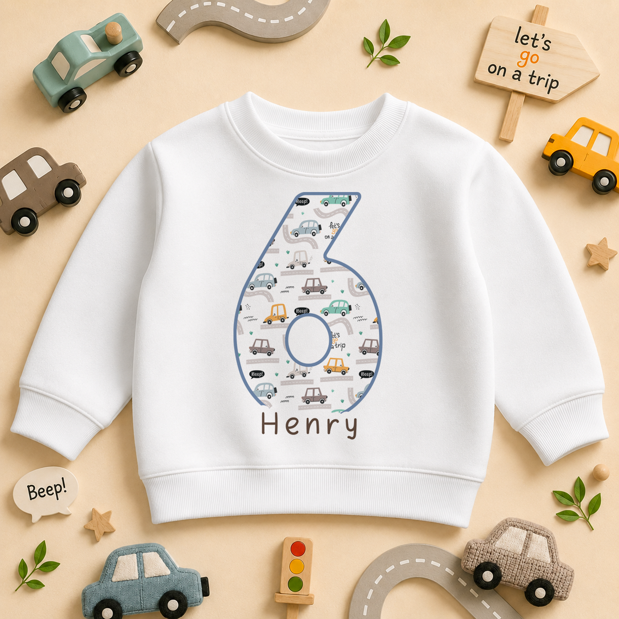 Personalised 6th Birthday Cartoon Cars Number Six Sweatshirt for Boys