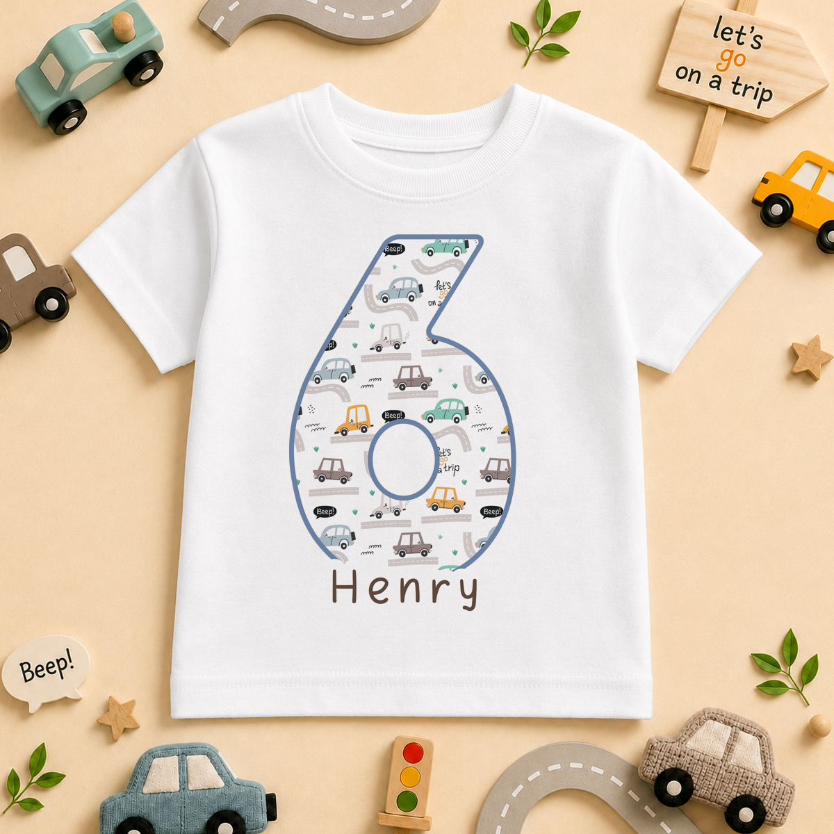 Personalised 6th Birthday Cartoon Cars Number Six T-Shirt for Boys