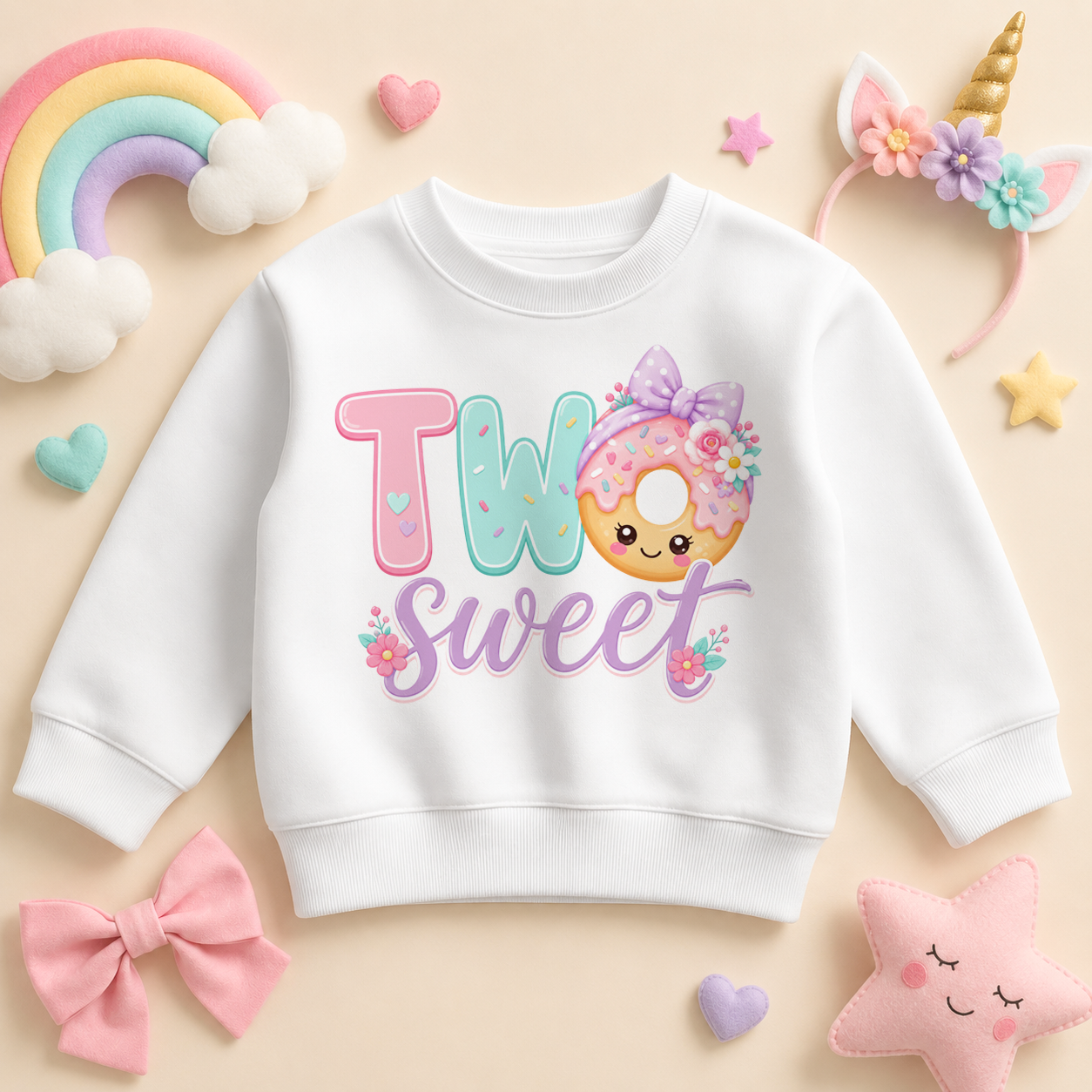 Personalised Pink Donut Two Sweet 2nd Birthday Kids Sweatshirt for Girls with Name