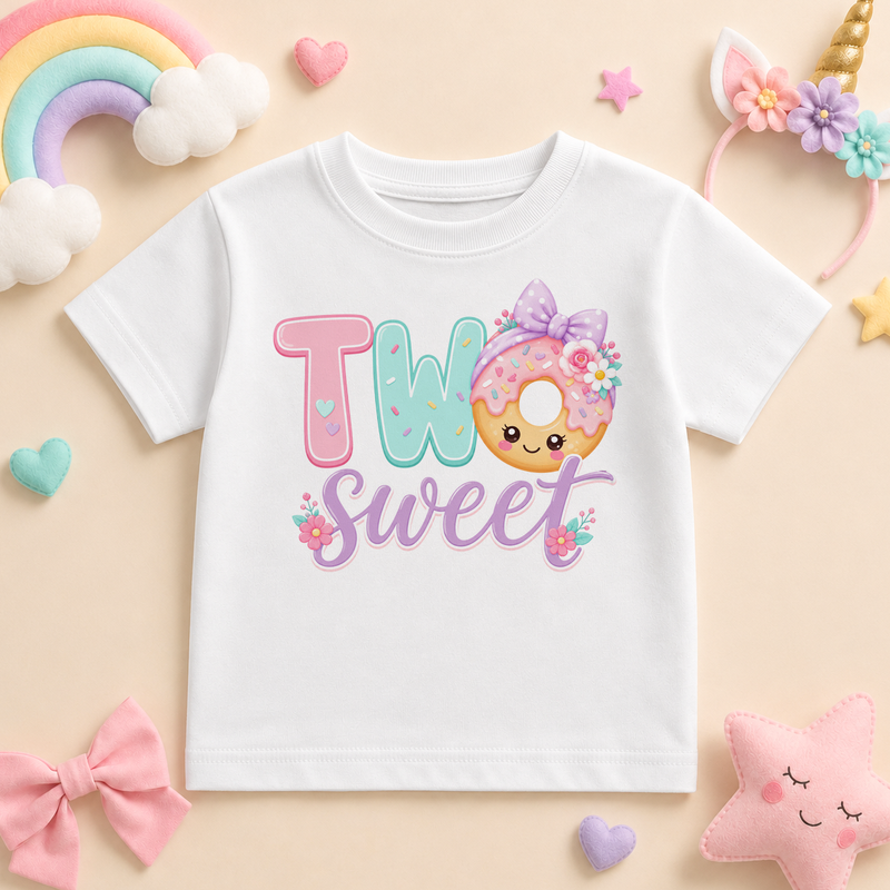 Personalised Pink Donut Two Sweet 2nd Birthday Kids T-Shirt for Girls with Name