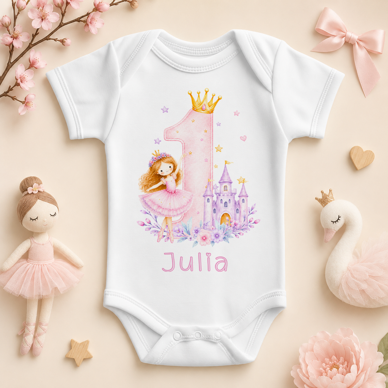 Personalised 1st Birthday Princess Castle Baby Vest Bodysuit, Pastel Pink Number One with Name
