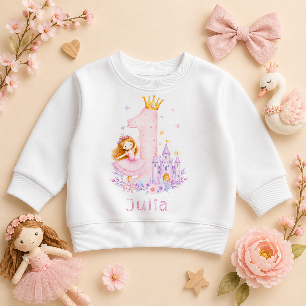 Personalised 1st Birthday Princess Castle Kids Sweatshirt for Girls, Pastel Pink Number One with Name