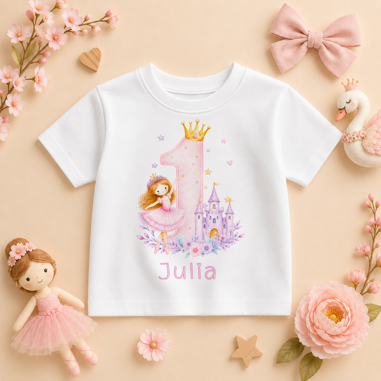 Personalised 1st Birthday Princess Castle Kids T-Shirt for Girls, Pastel Pink Number One with Name