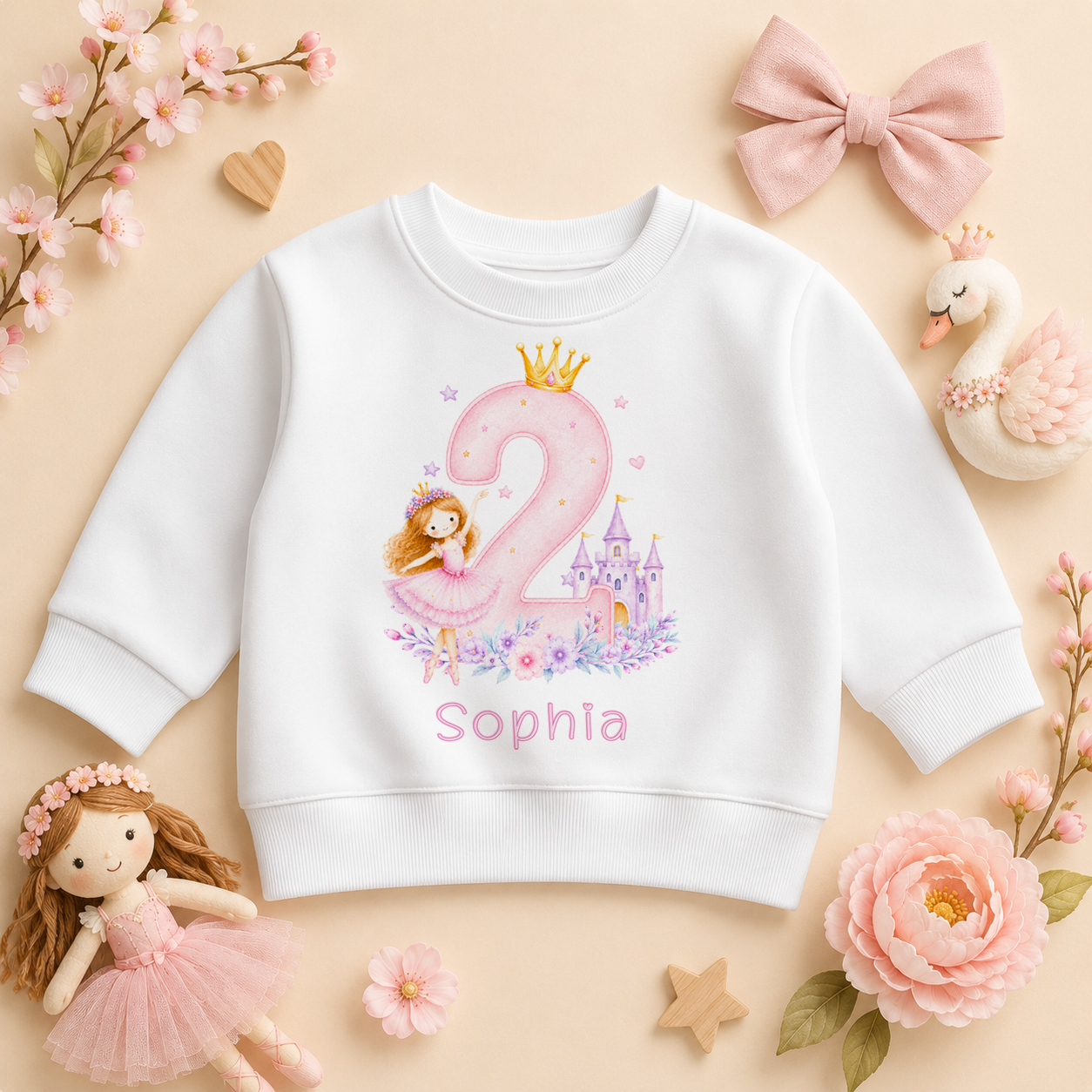Personalised Pink Princess Castle 2nd Birthday Kids Sweatshirt for Girls with Name