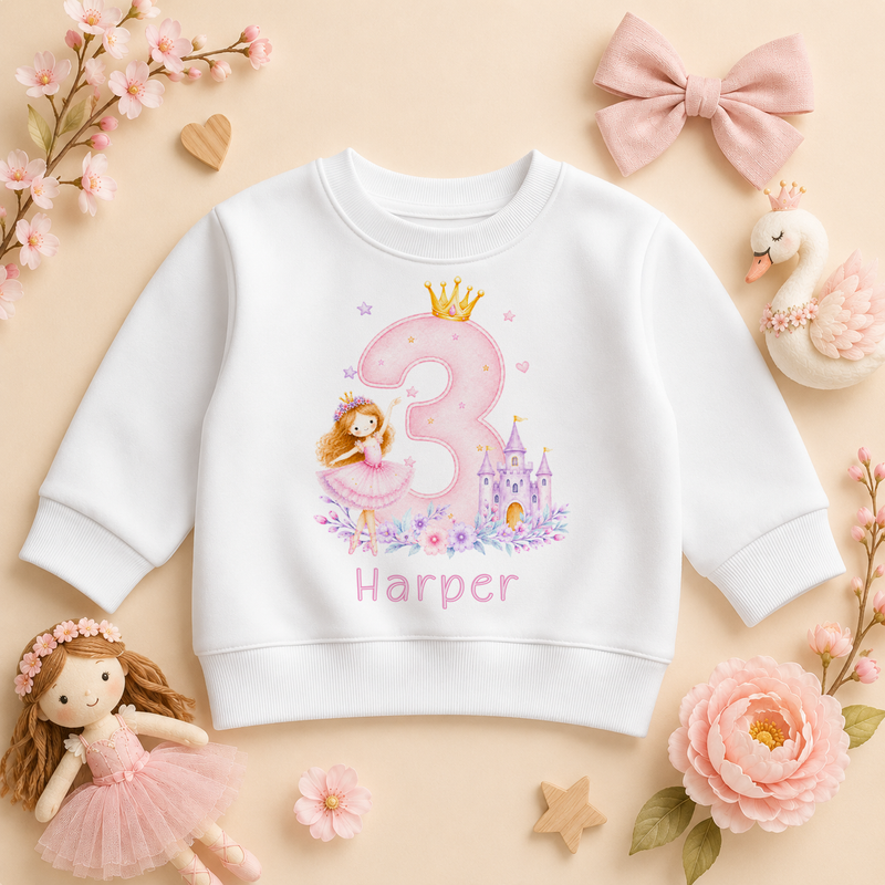 Personalised Pink Princess Castle 3rd Birthday Kids Sweatshirt for Girls with Name