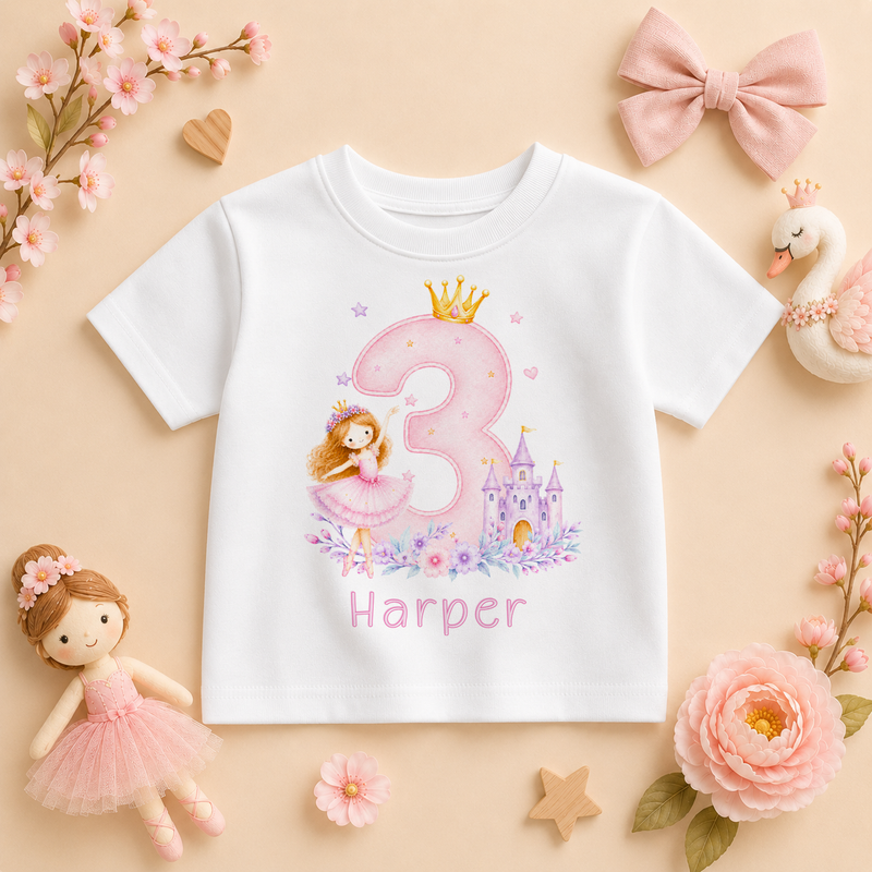 Personalised Pink Princess Castle 3rd Birthday Kids T-Shirt for Girls with Name
