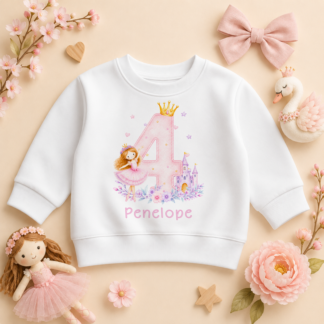 Personalised Pink Princess Castle 4th Birthday Kids Sweatshirt for Girls with Name