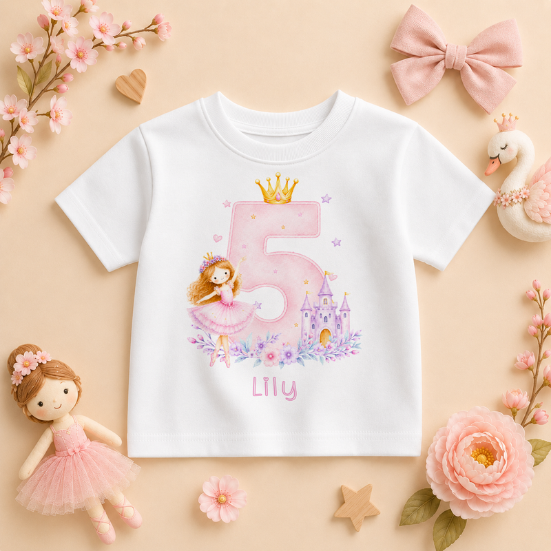 Personalised Pink Princess Castle 5th Birthday Kids T-Shirt for Girls with Name