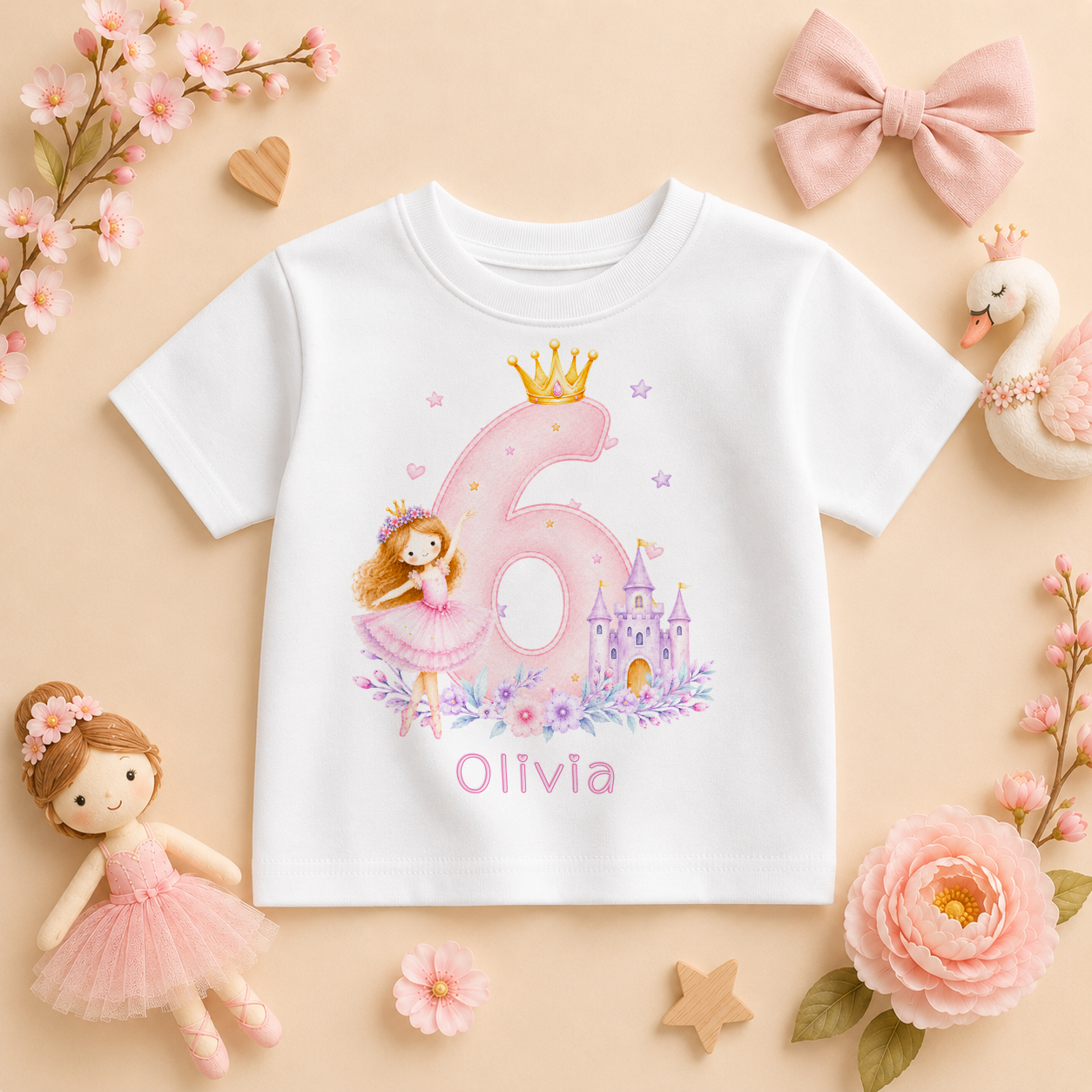 Personalised Pink Princess Castle 6th Birthday Kids T-Shirt for Girls with Name