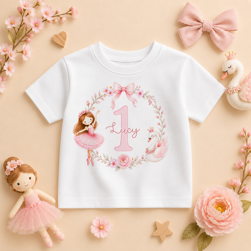 Personalised Ballerina Swan 1st Birthday Kids T-Shirt for Girls with Name
