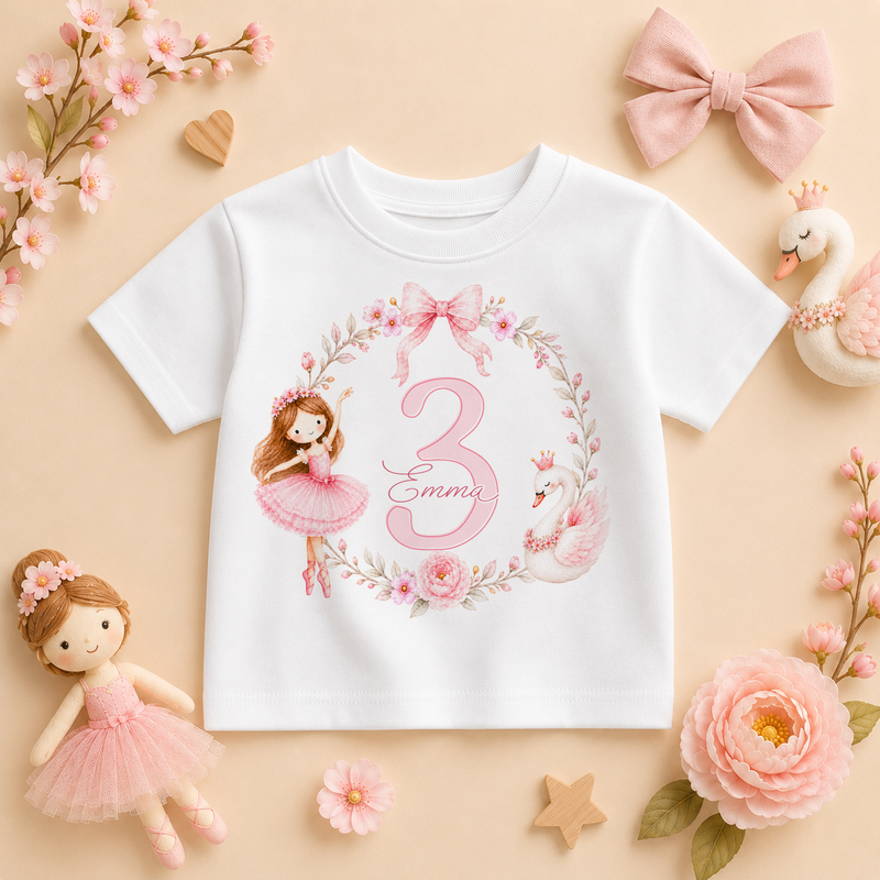 Personalised Ballerina Swan 3rd Birthday Kids T-Shirt for Girls with Name