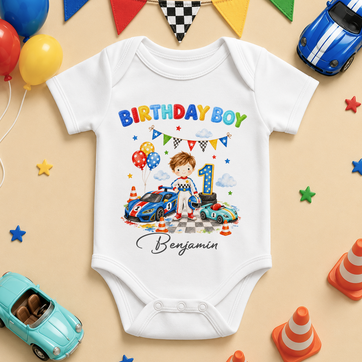 Personalised 1st Birthday Boy Racing Car Baby Vest Bodysuit, Red Number One with Name