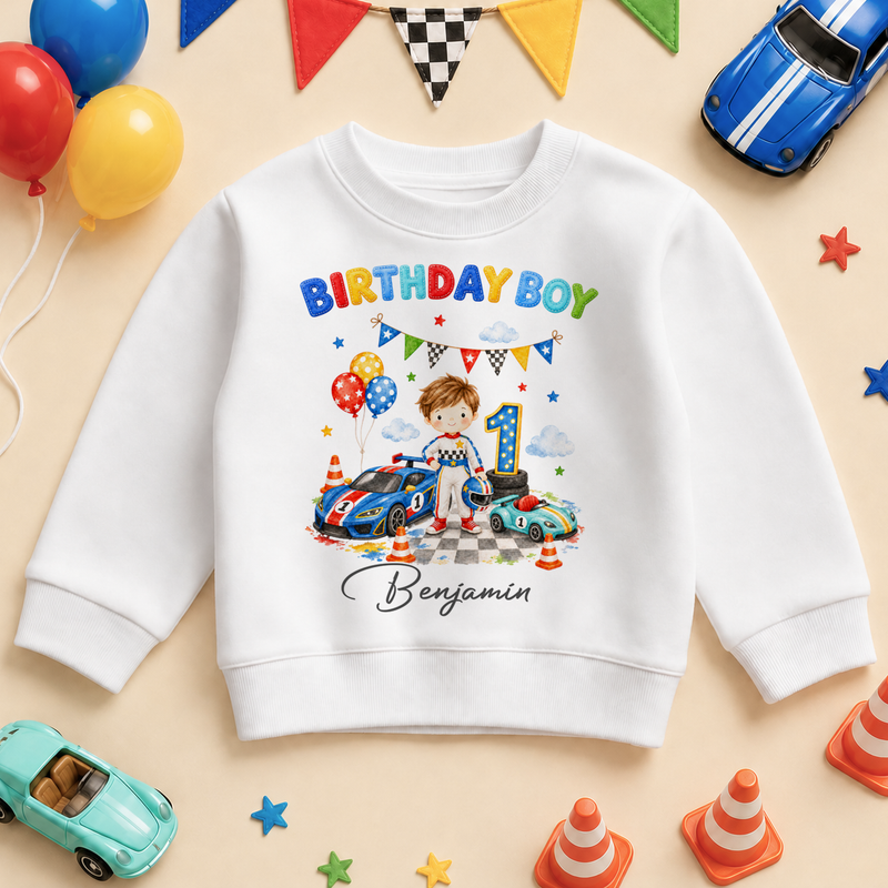 Personalised 1st Birthday Boy Racing Car Kids Sweatshirt, Red Number One with Name