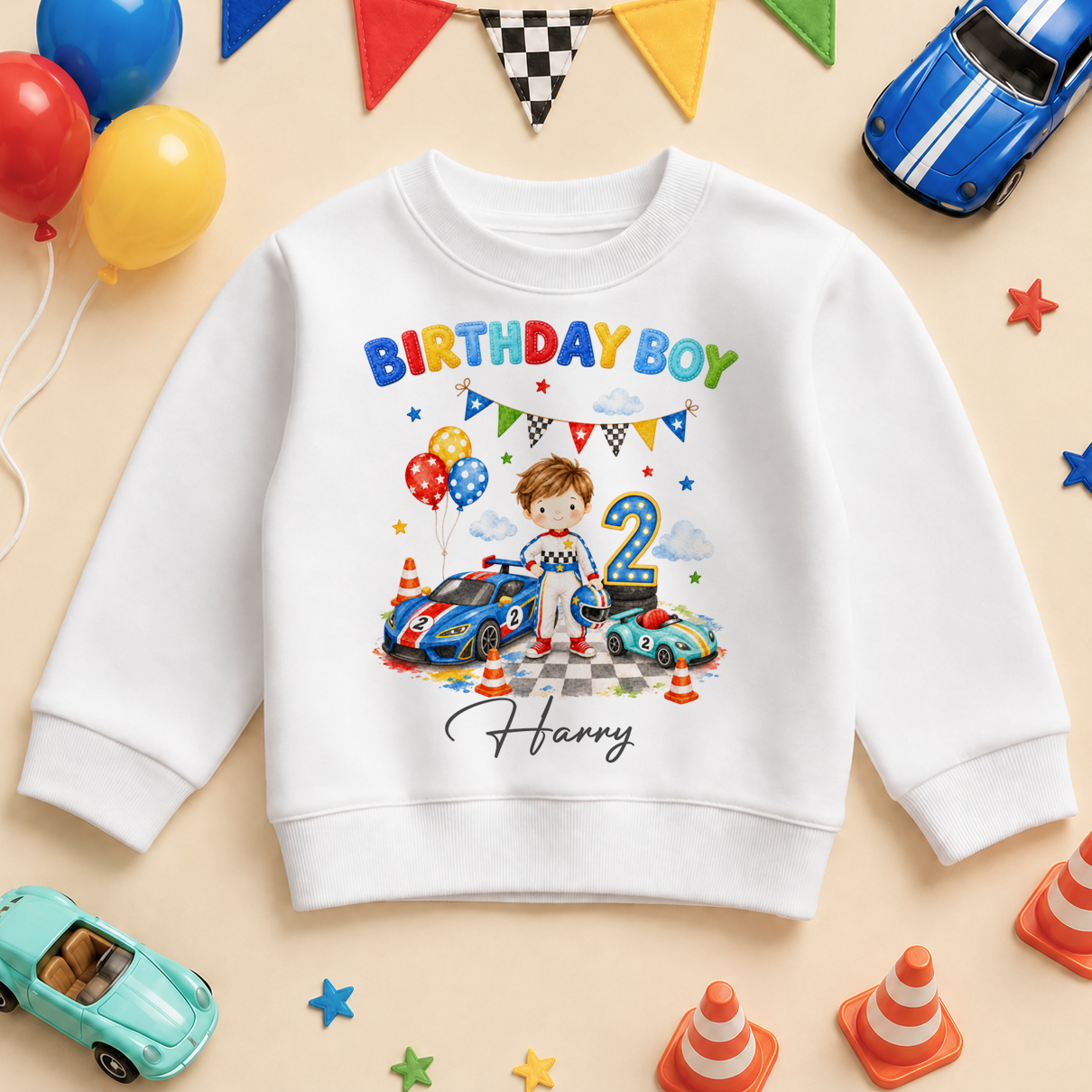 Personalised Race Car Birthday Boy 2nd Birthday Kids Sweatshirt for Boys with Name