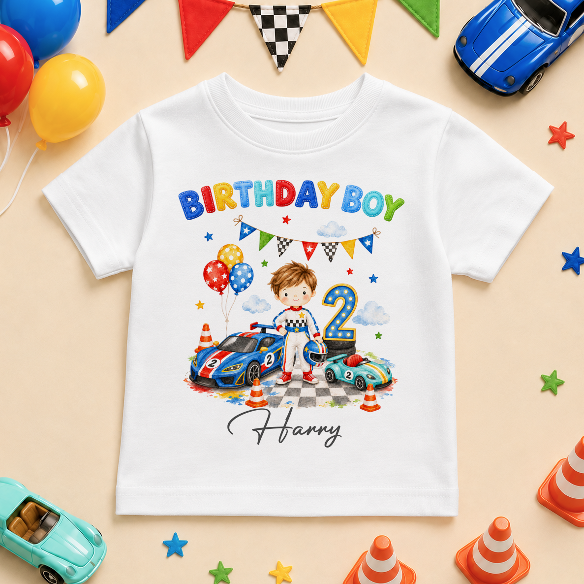 Personalised Race Car Birthday Boy 2nd Birthday Kids T-Shirt for Boys with Name