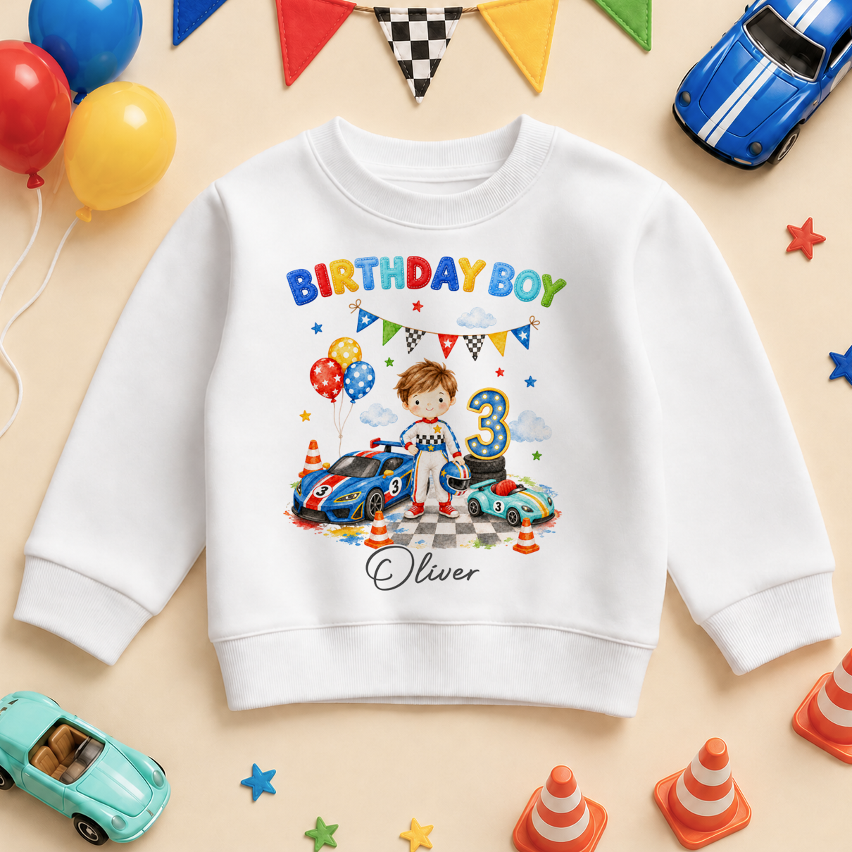 Personalised 3rd Birthday Race Car Kids Sweatshirt for Boys, Birthday Boy Racing Jumper with Name and Age