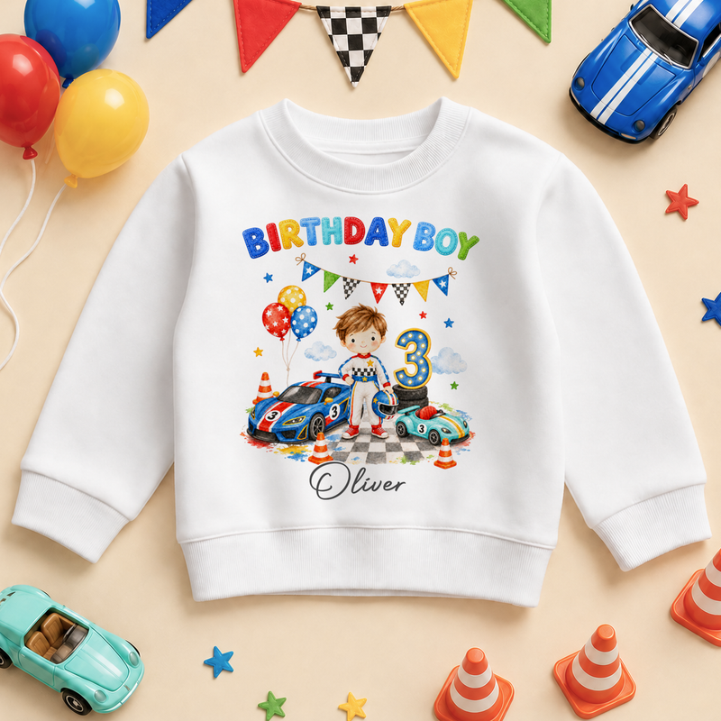 Personalised 3rd Birthday Race Car Kids Sweatshirt for Boys, Birthday Boy Racing Jumper with Name and Age