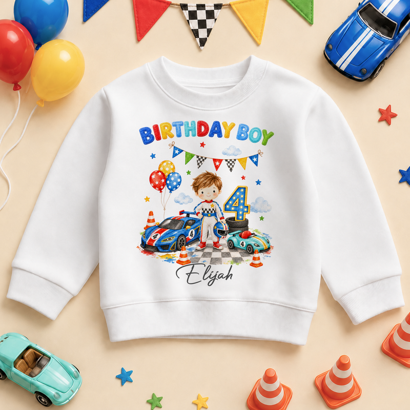 Personalised 4th Birthday Race Car Kids Sweatshirt for Boys, Birthday Boy Racing Jumper with Name and Age