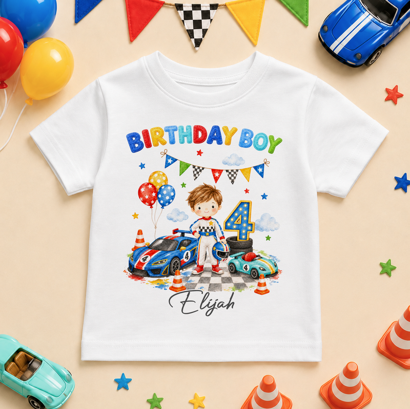 Personalised 4th Birthday Race Car Kids T-Shirt for Boys, Birthday Boy Racing Top with Name and Age