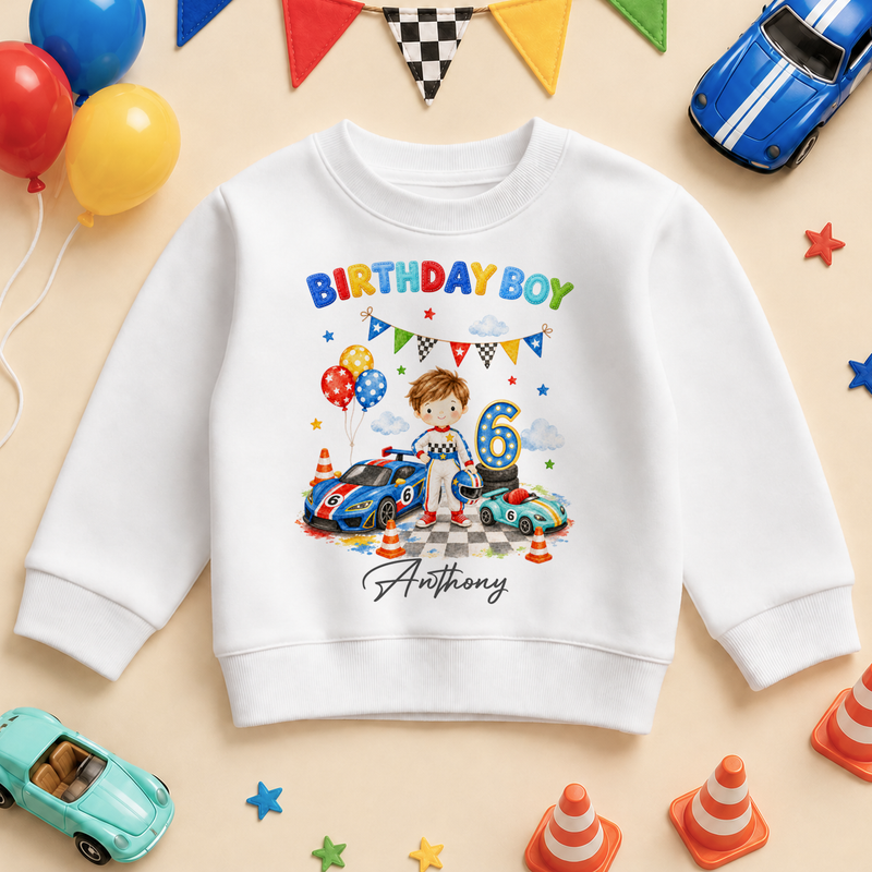 Personalised 6th Birthday Race Car Kids Sweatshirt for Boys, Birthday Boy Racing Jumper with Name and Age