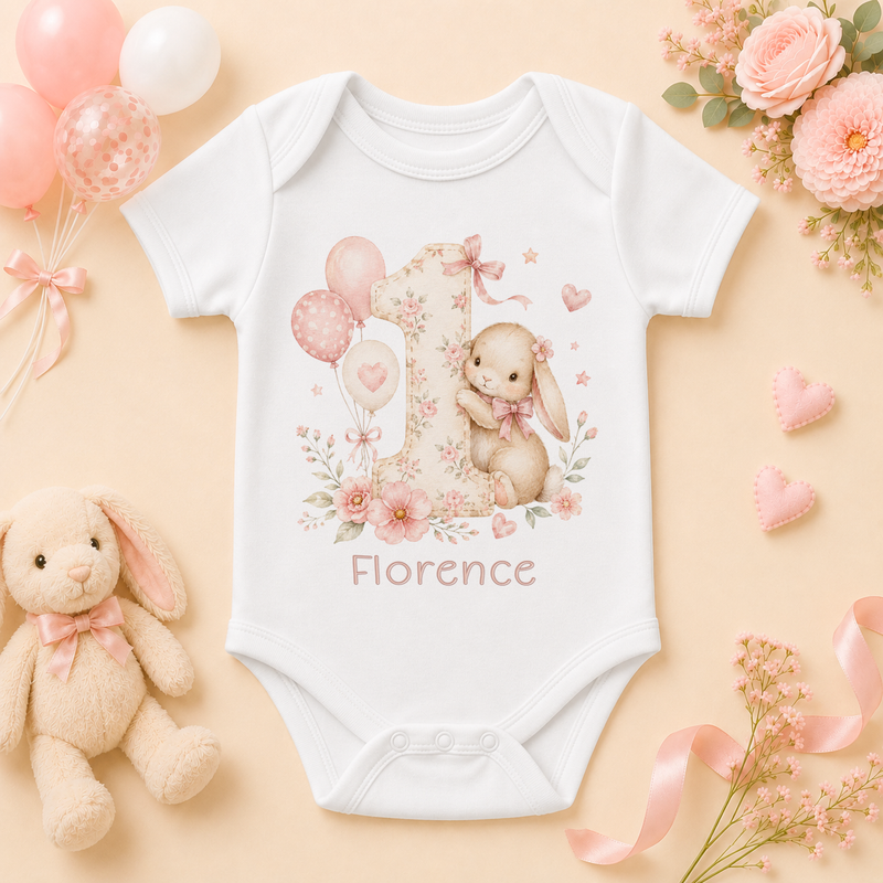 Personalised 1st Birthday Bunny Baby Vest Bodysuit, Blush Pink Floral Number One with Name