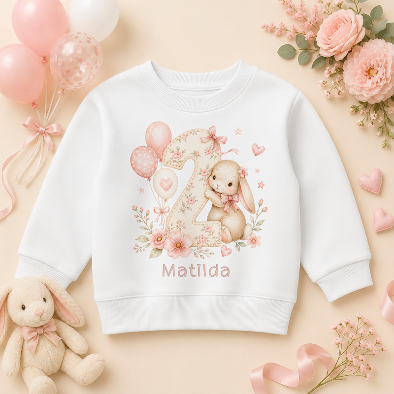 Personalised 1st Birthday Pink Bunny Kids Sweatshirt for Girls, Floral Watercolour Jumper with Name and Age