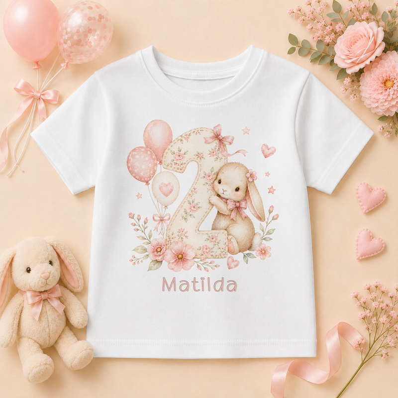 Personalised 1st Birthday Pink Bunny Kids T-Shirt for Girls, Floral Watercolour Top with Name and Age