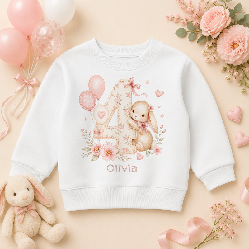 Personalised 4th Birthday Pink Bunny Kids Sweatshirt for Girls, Floral Watercolour Jumper with Name and Age