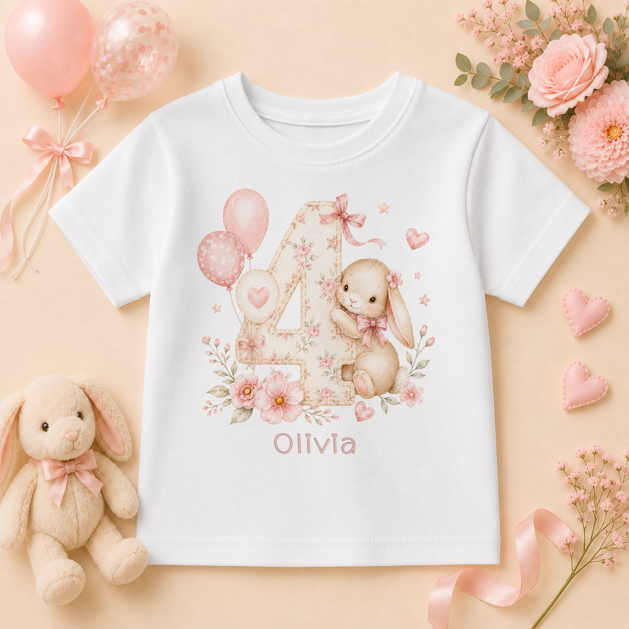 Personalised 4th Birthday Pink Bunny Kids T-Shirt for Girls, Floral Watercolour Top with Name and Age