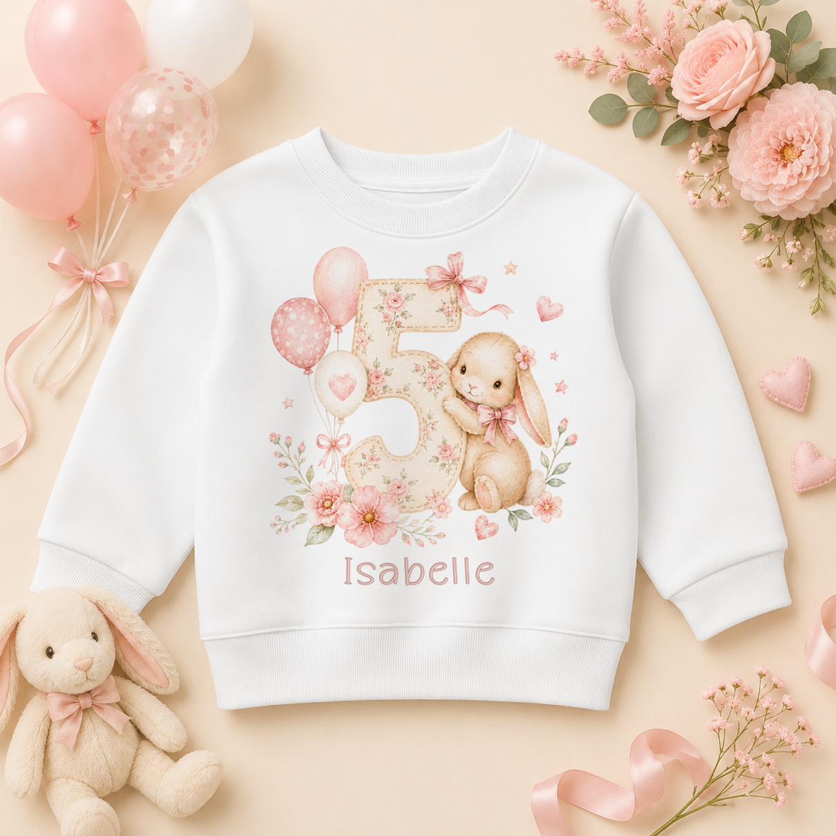 Personalised 5th Birthday Pink Bunny Kids Sweatshirt for Girls, Floral Watercolour Jumper with Name and Age
