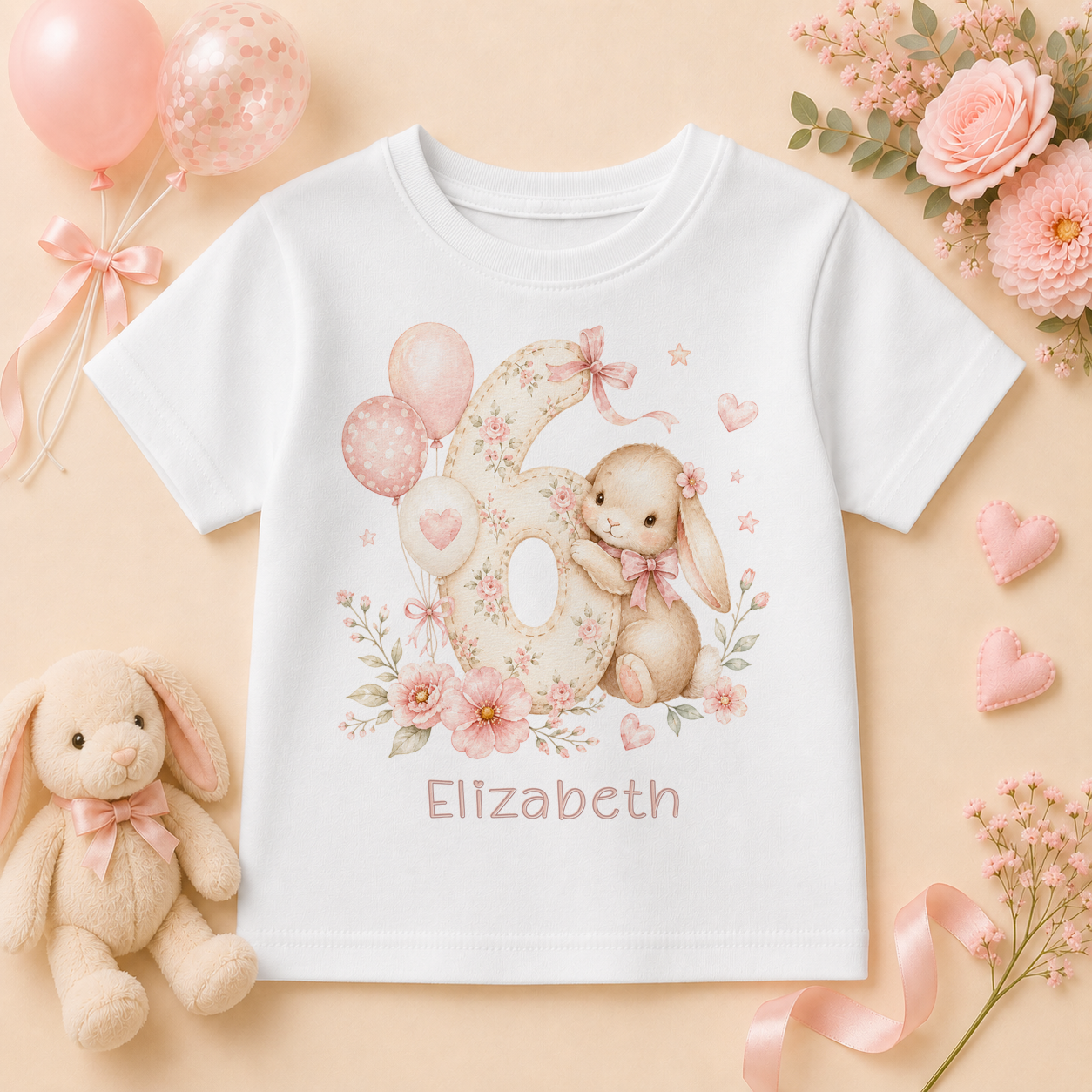 Personalised 6th Birthday Pink Bunny Kids T-Shirt for Girls, Floral Watercolour Top with Name and Age