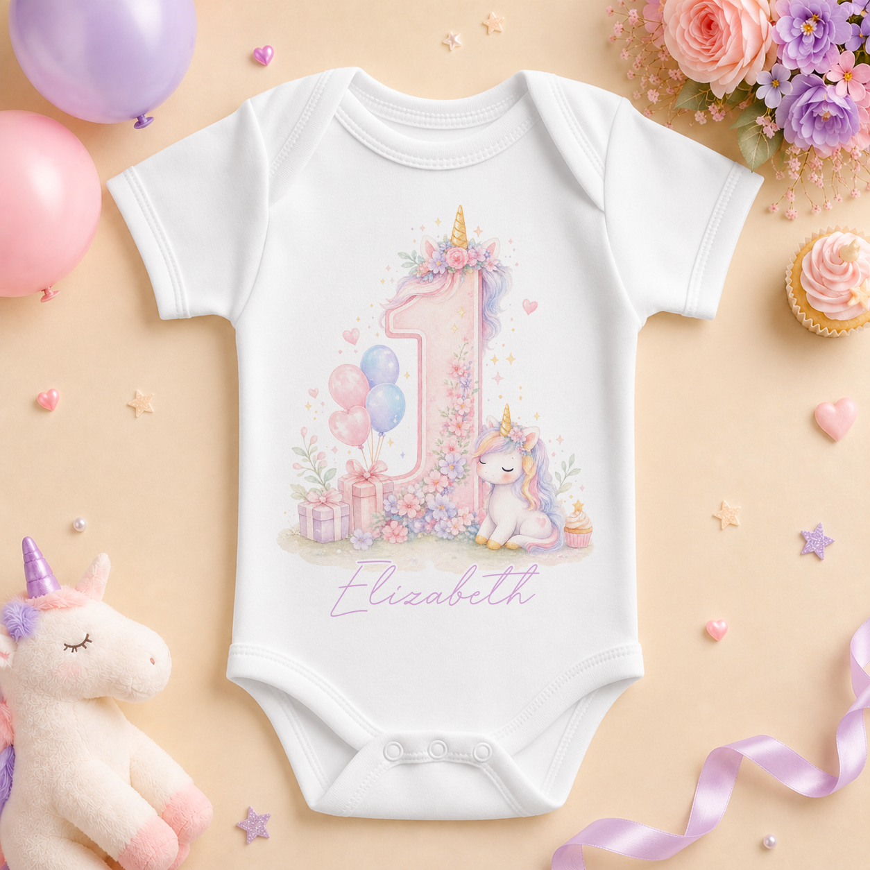 Personalised 1st Birthday Unicorn Baby Vest Bodysuit, Pastel Rainbow Number One with Name