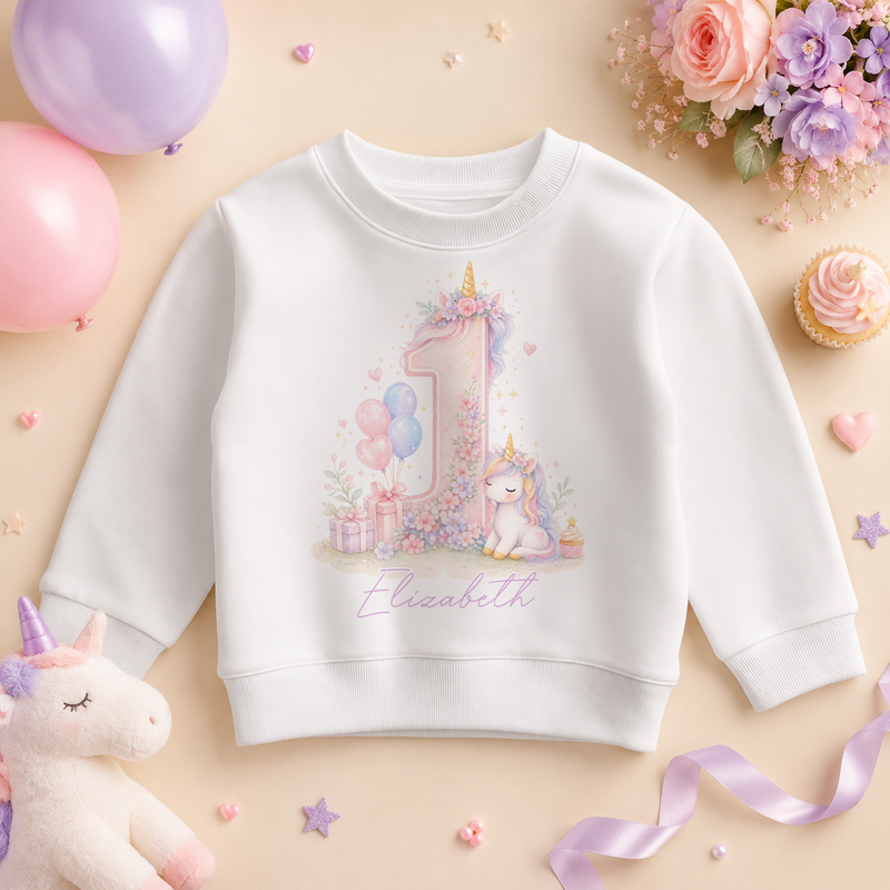 Personalised 1st Birthday Unicorn Kids Sweatshirt for Girls, Pastel Rainbow Number One with Name