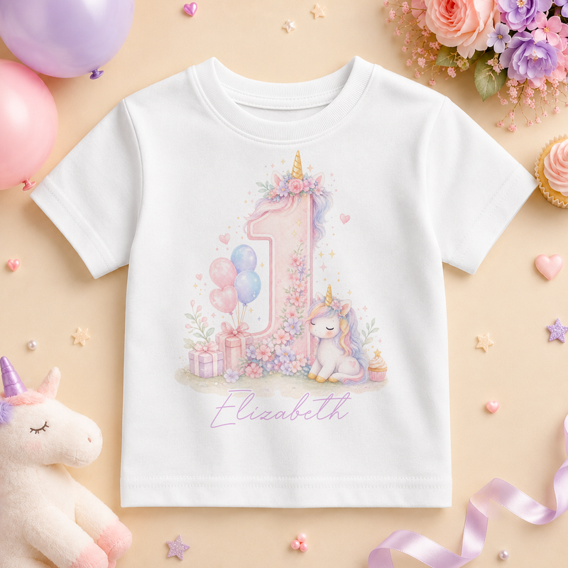 Personalised 1st Birthday Unicorn Kids T-Shirt for Girls, Pastel Rainbow Number One with Name
