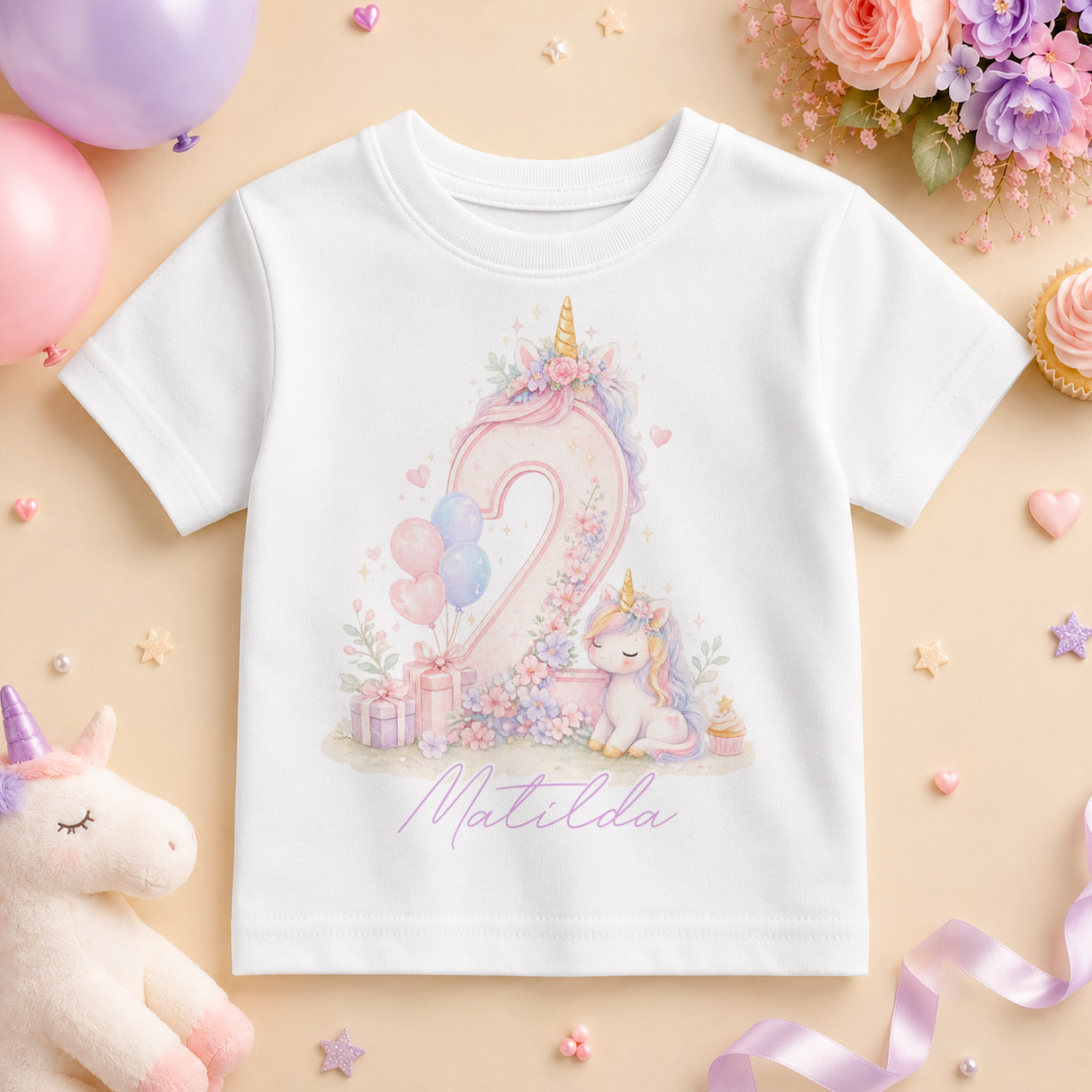 Personalised 2nd Birthday Pastel Unicorn Kids T-Shirt for Girls, Magical Top with Name and Age