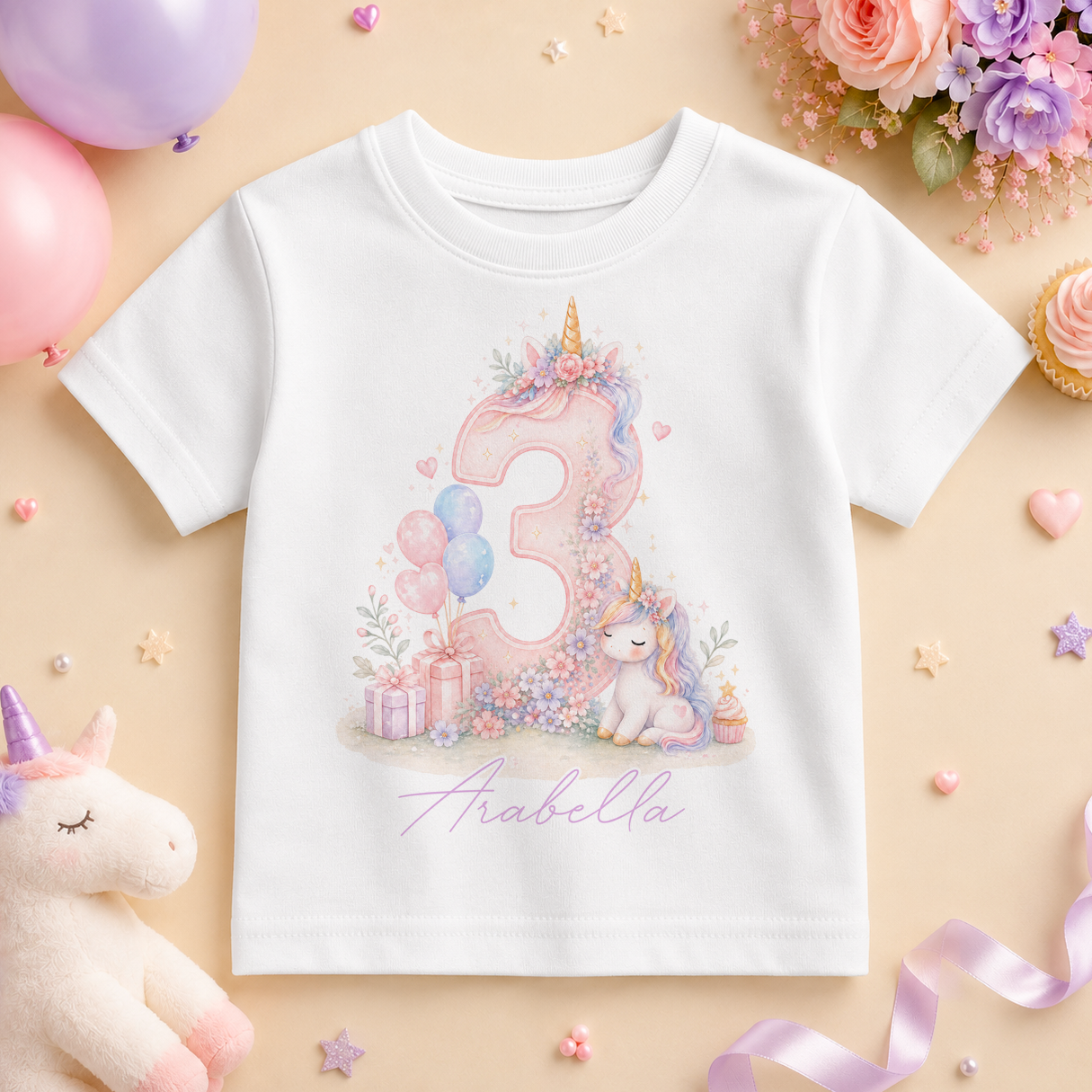 Personalised 3rd Birthday Pastel Unicorn Kids T-Shirt for Girls, Magical Top with Name and Age