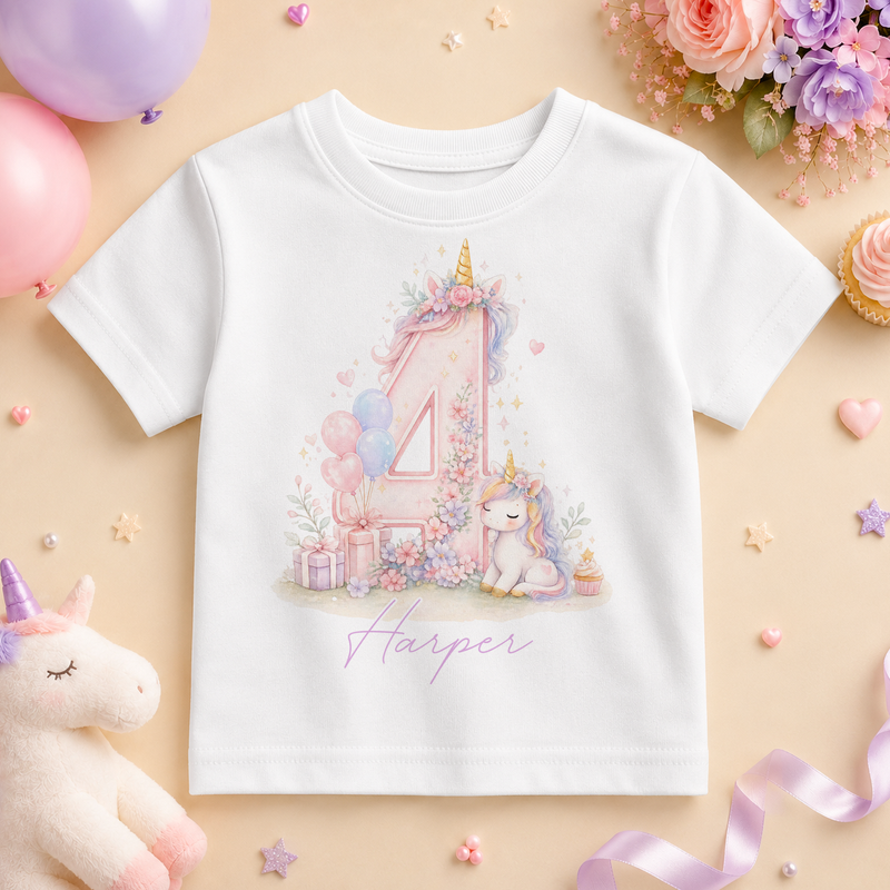 Personalised 4th Birthday Pastel Unicorn Kids T-Shirt for Girls, Magical Top with Name and Age